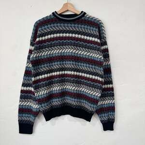 Vintage 80's Robert Bruce 3D Knit Textured Striped Grandpa Sweater, Size L